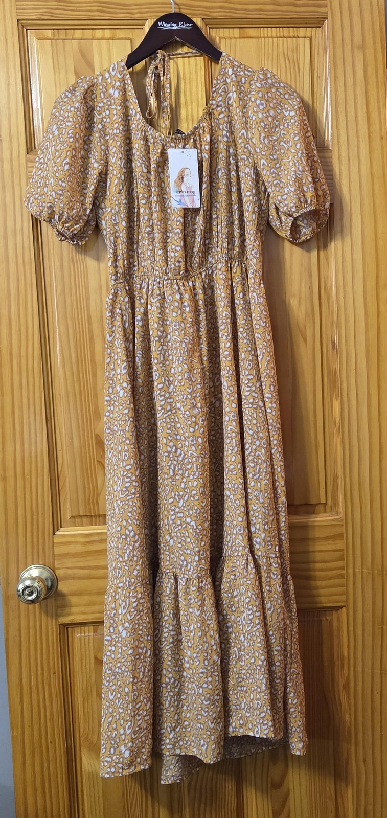 PRETTYGARDEN Dress Womens Small Yellow Leopard Smocked Puff Sleeve Maxi Boho NWT