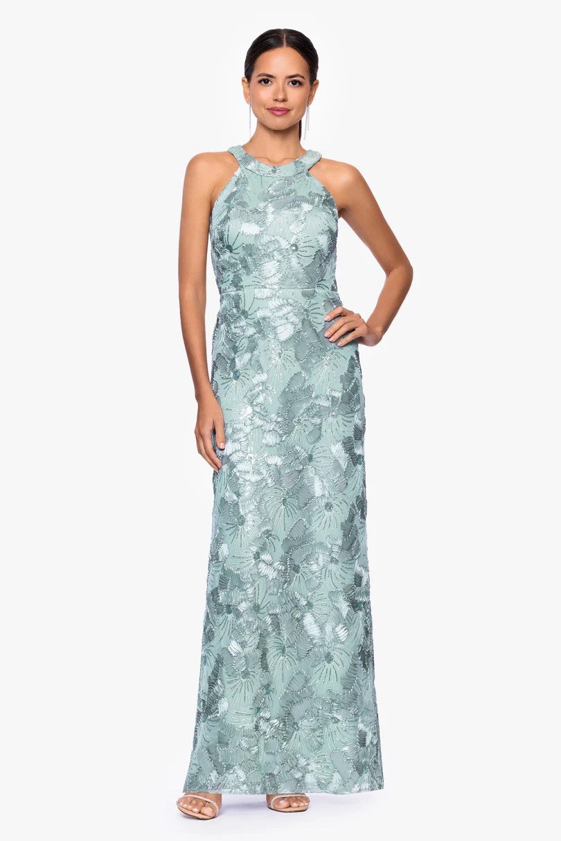 New BETSY AND ADAM “FABIANA” HALTER NECK SOUTACHE AND SEQUIN DRESS Sage Sz 10