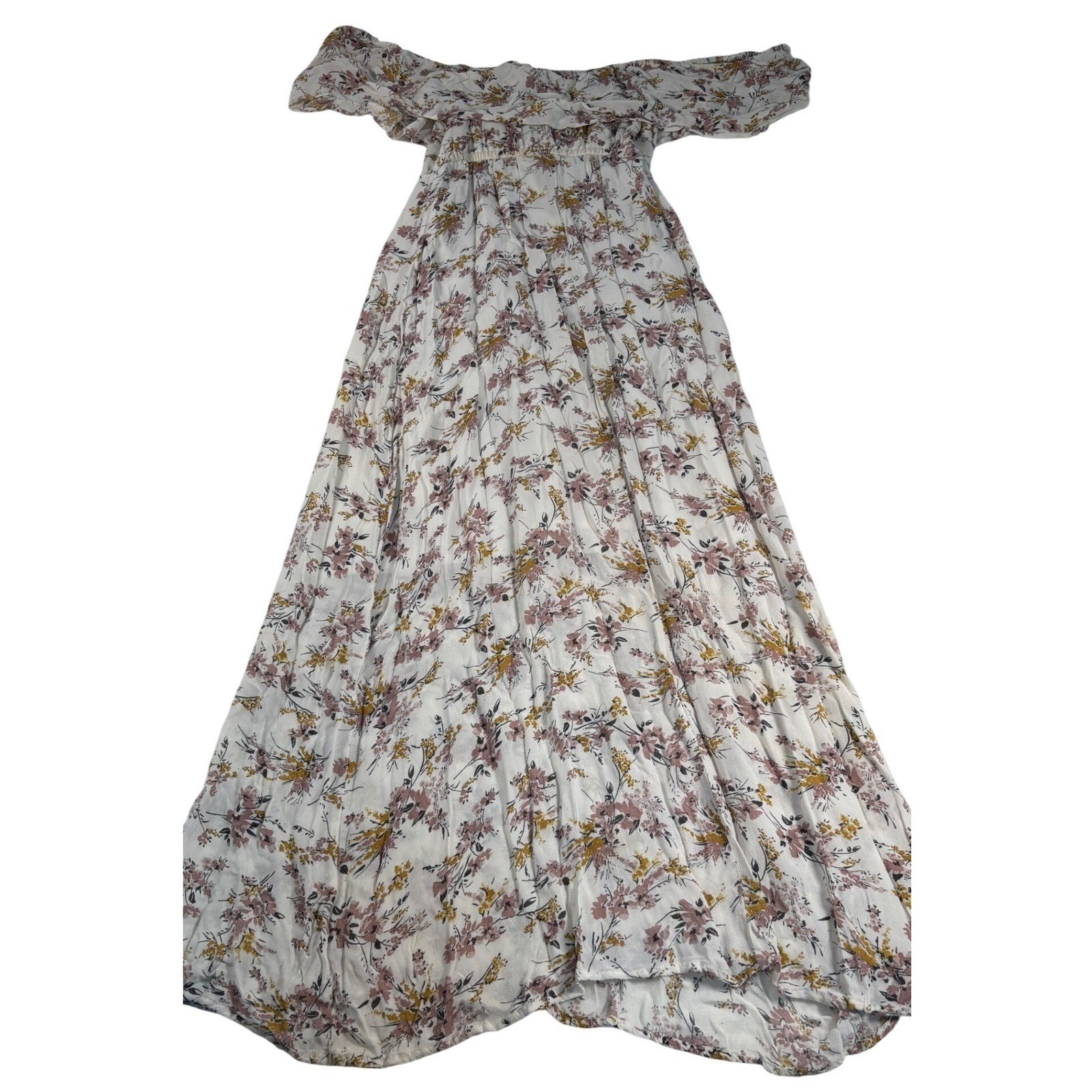 floral pink orange beige ruffle maxi dress boho summer cottage vacation chic