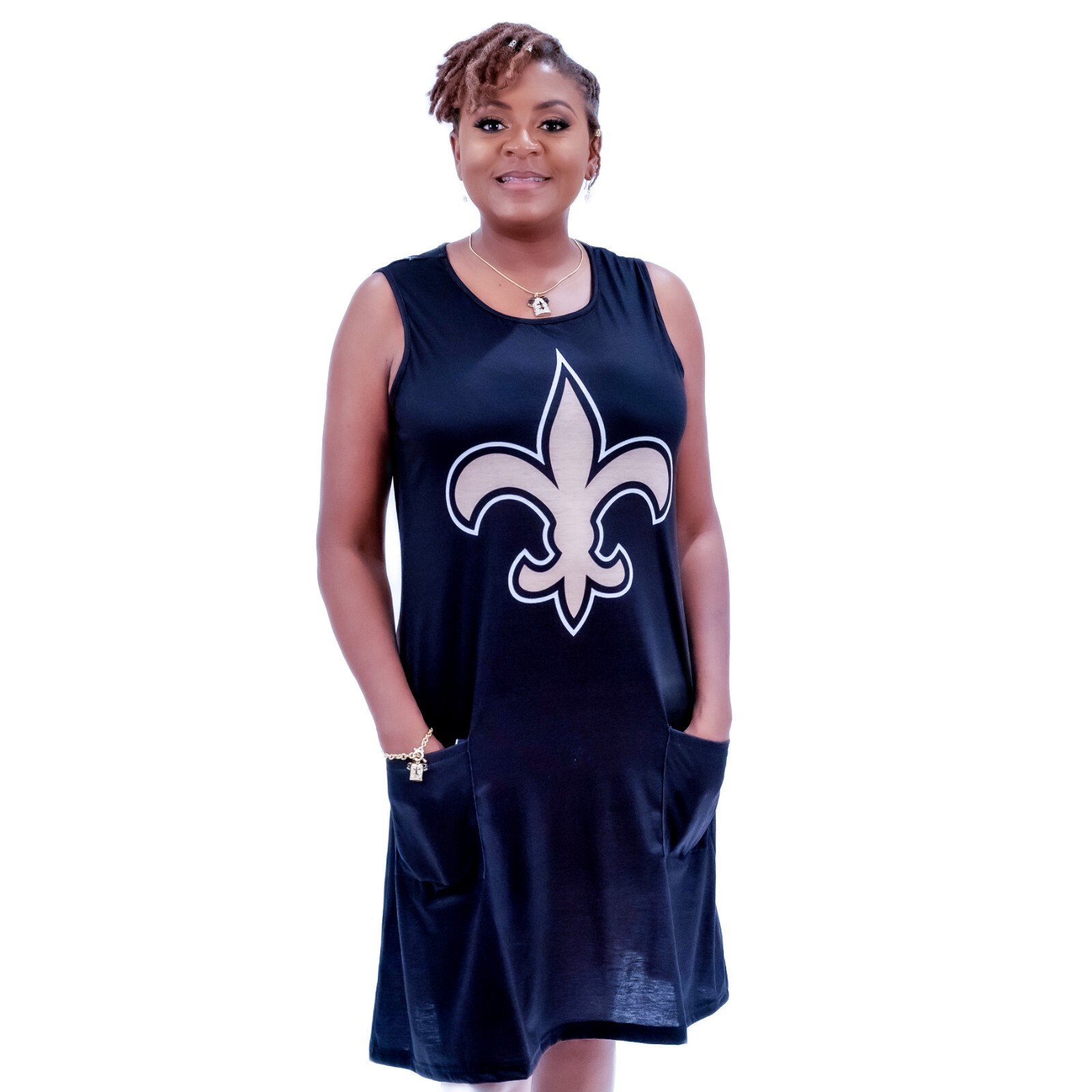 New Orleans Saints Women’s Black Fleur De Lis Sleeveless Pocket Dress