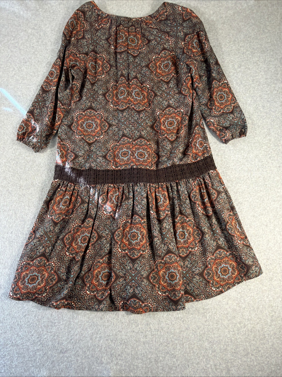 DANIEL RAINN Boho Chic Long Sleeve Shift Drop-Waist Dress Size M Floral Brown