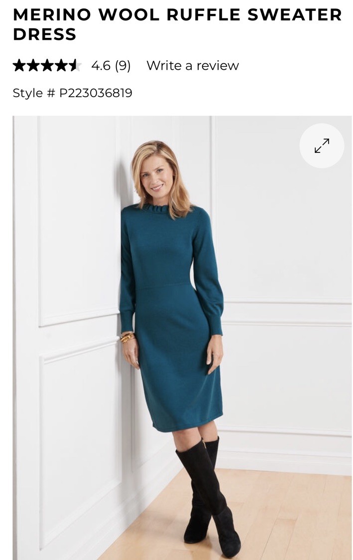 Talbots Pure Merino Wool Ruffle Neck Sweater Dress Teal Blue Large