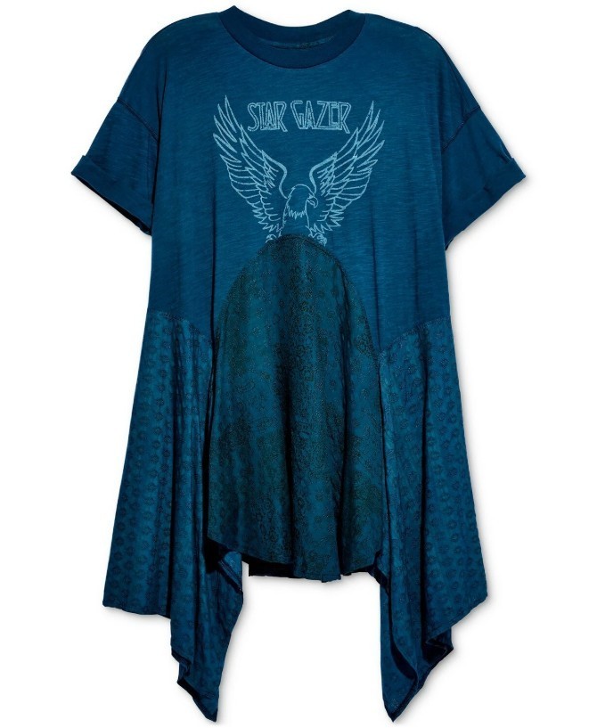 free people THE JERRY LOUNGE teal blue star gazer eagle boho t shirt DRESS top S