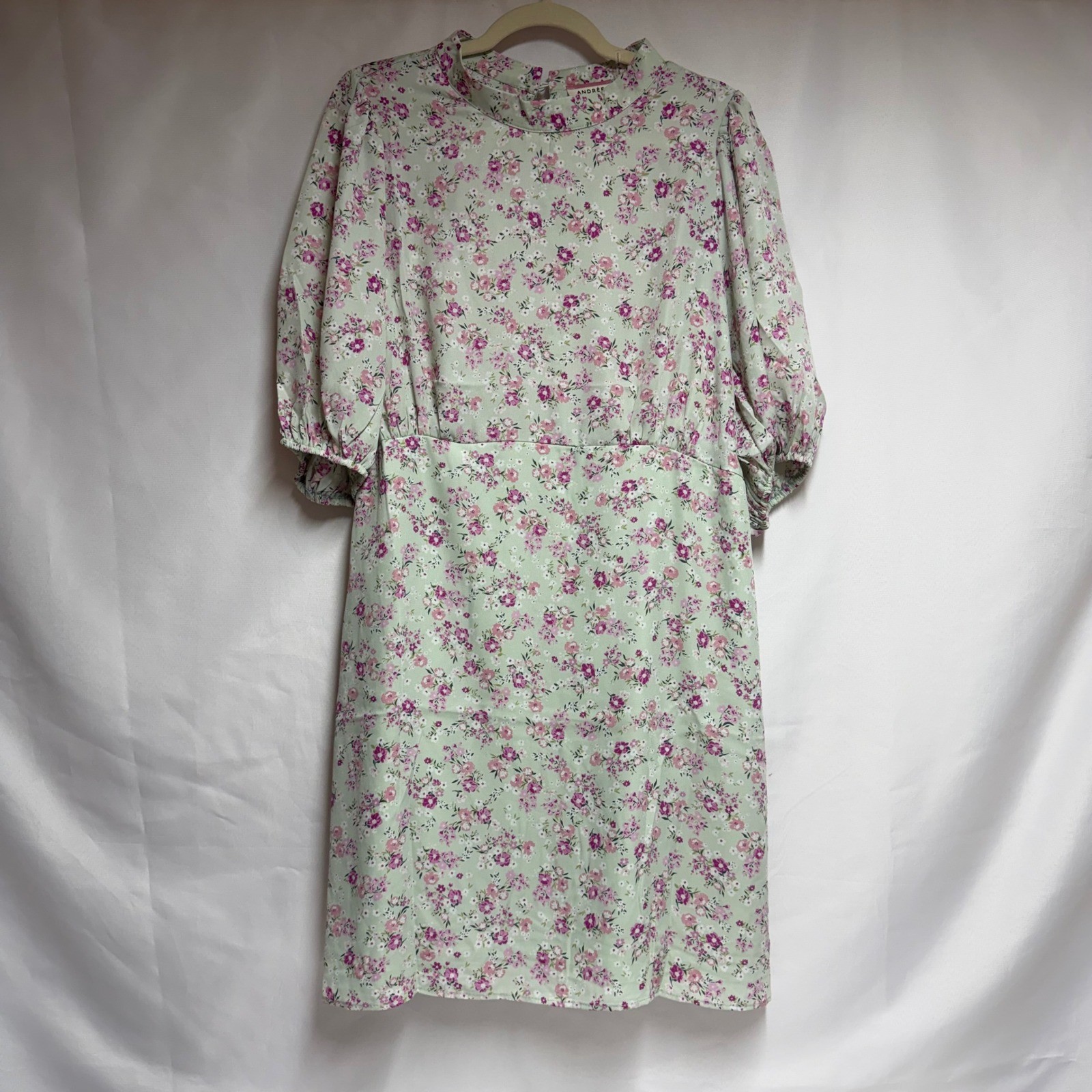 Andree by Unit Sage Green Floral Mock Neck Puff Sleeve Mini Dress Women Large