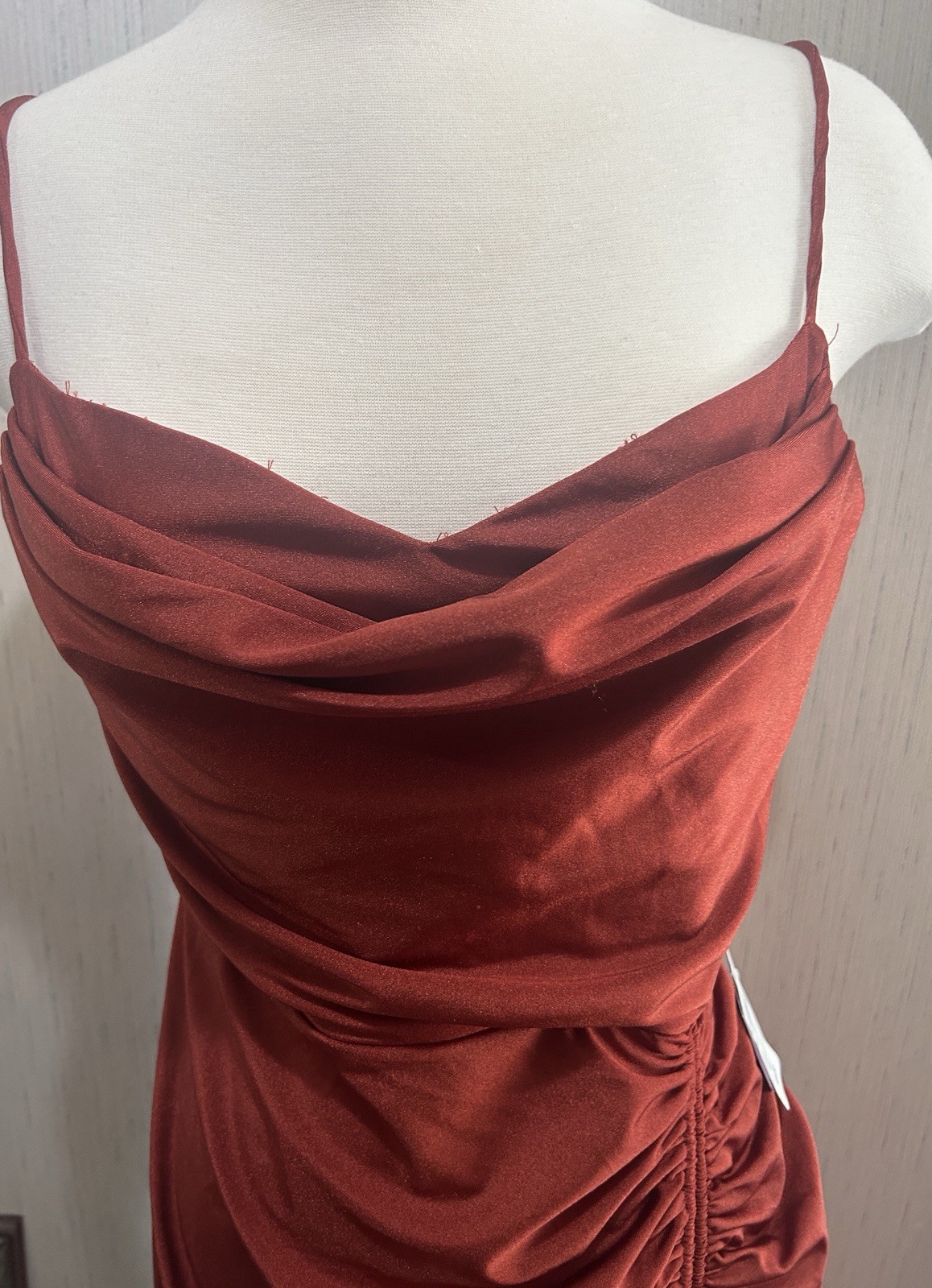 Windsor Rust Satin Cowl Neck Ruched Side Slit Strappy Midi Bodycon XL
