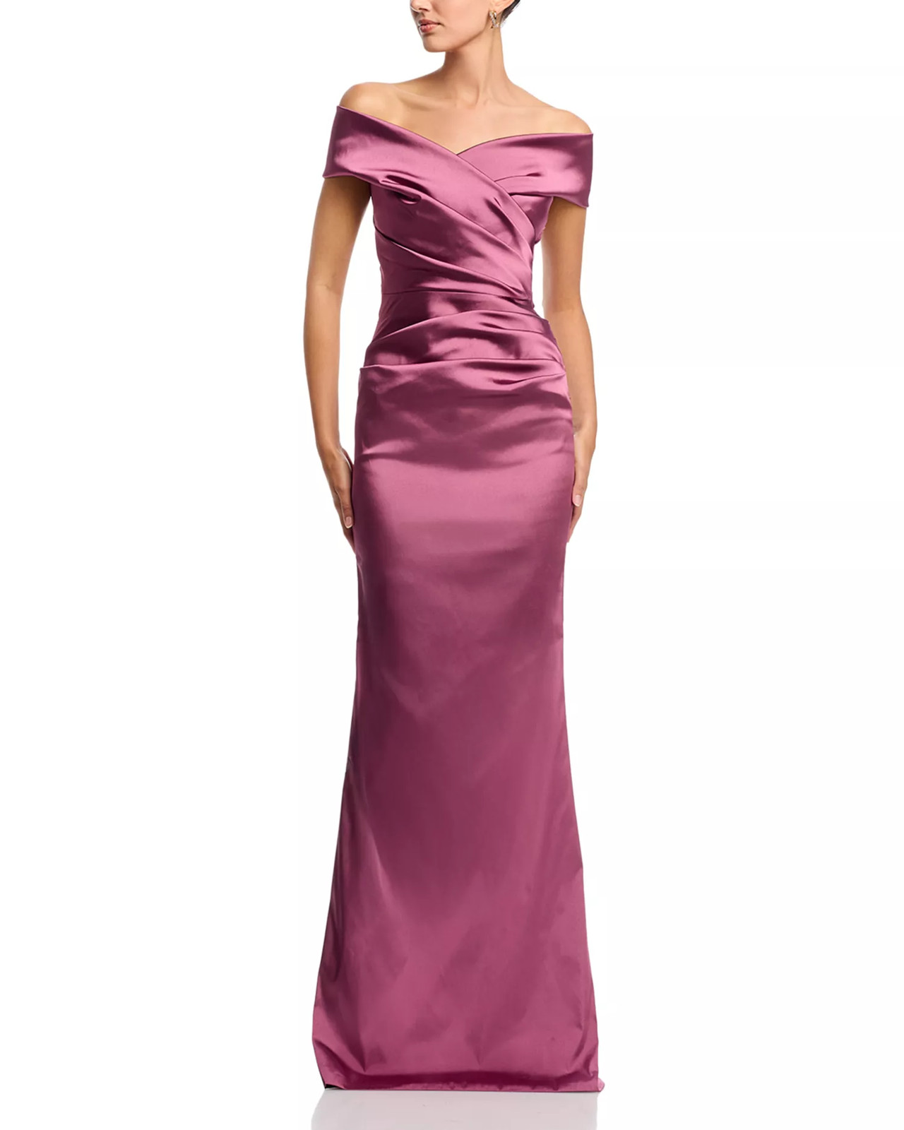 Teri Jon Rickie Freeman Gown 2 Pink Off Shoulder Satin Stretch Mermaid