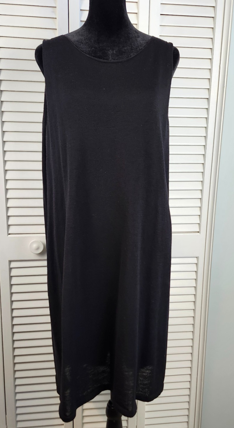 Eileen Fisher Wool Dress XL Black Knit Sleeveless Semi Sheer Designer