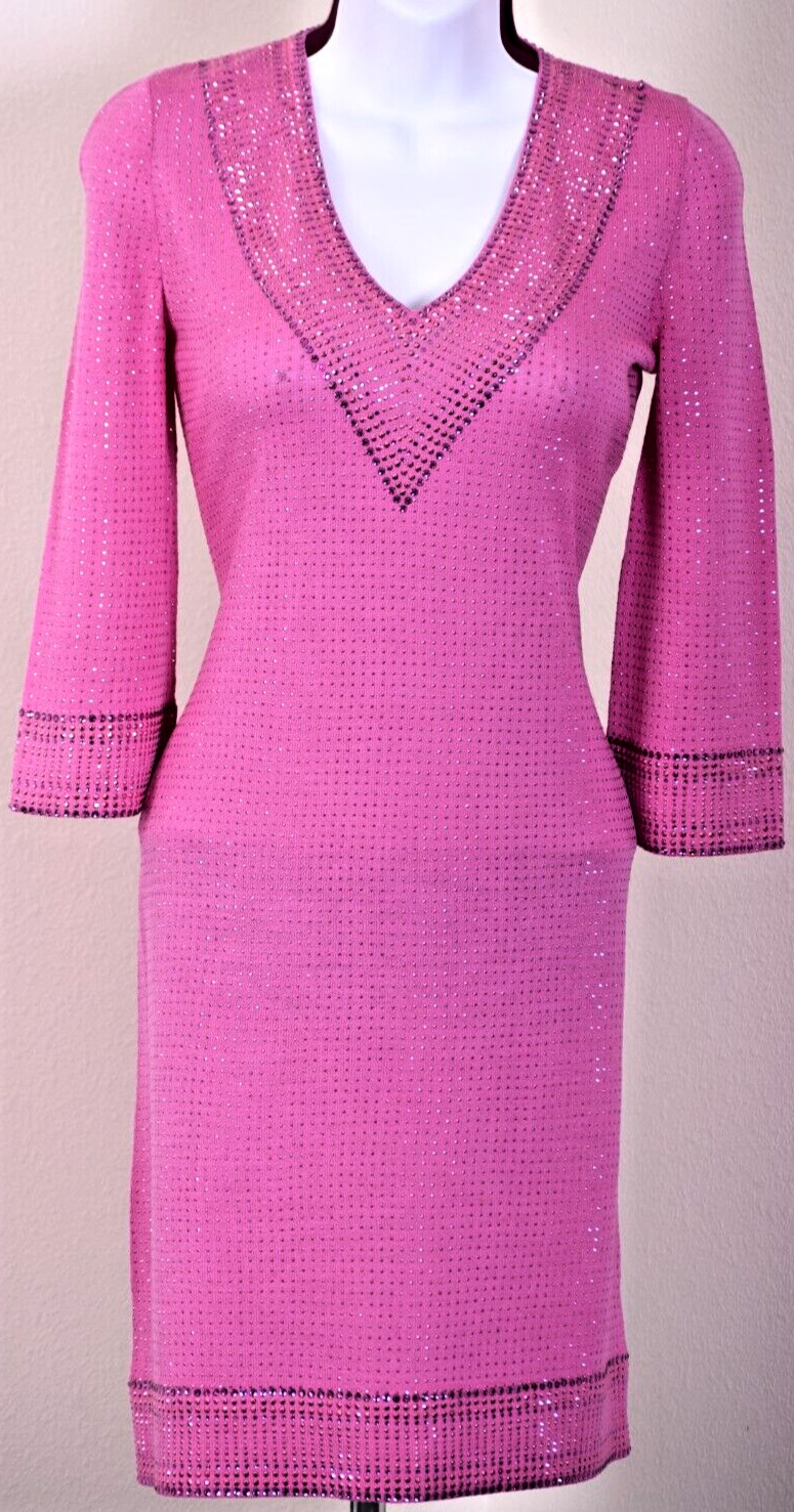 ST JOHN Women’s Knit Pink Studs Throughout Rhinestone Trim Dress Sz 2