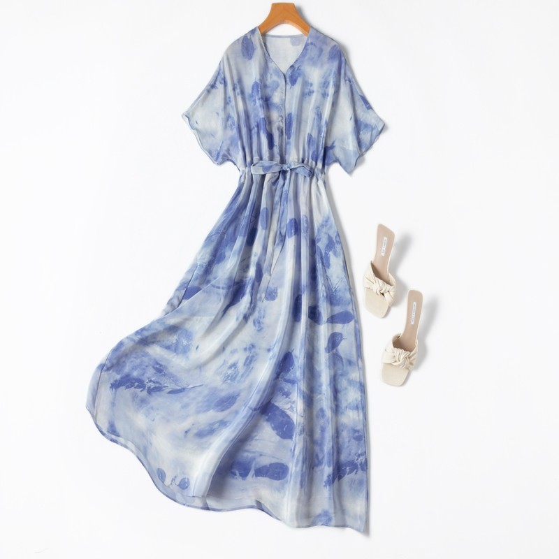 100% Mulbery Silk Light Blue Printed Short Sleeve Women A-Line Midi Dress M1357
