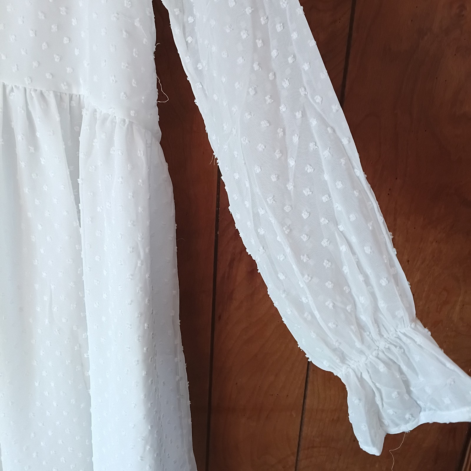 Zenana Womens White Textured Swiss Dot Dress Size S Long Sleeve V-Neck NEW