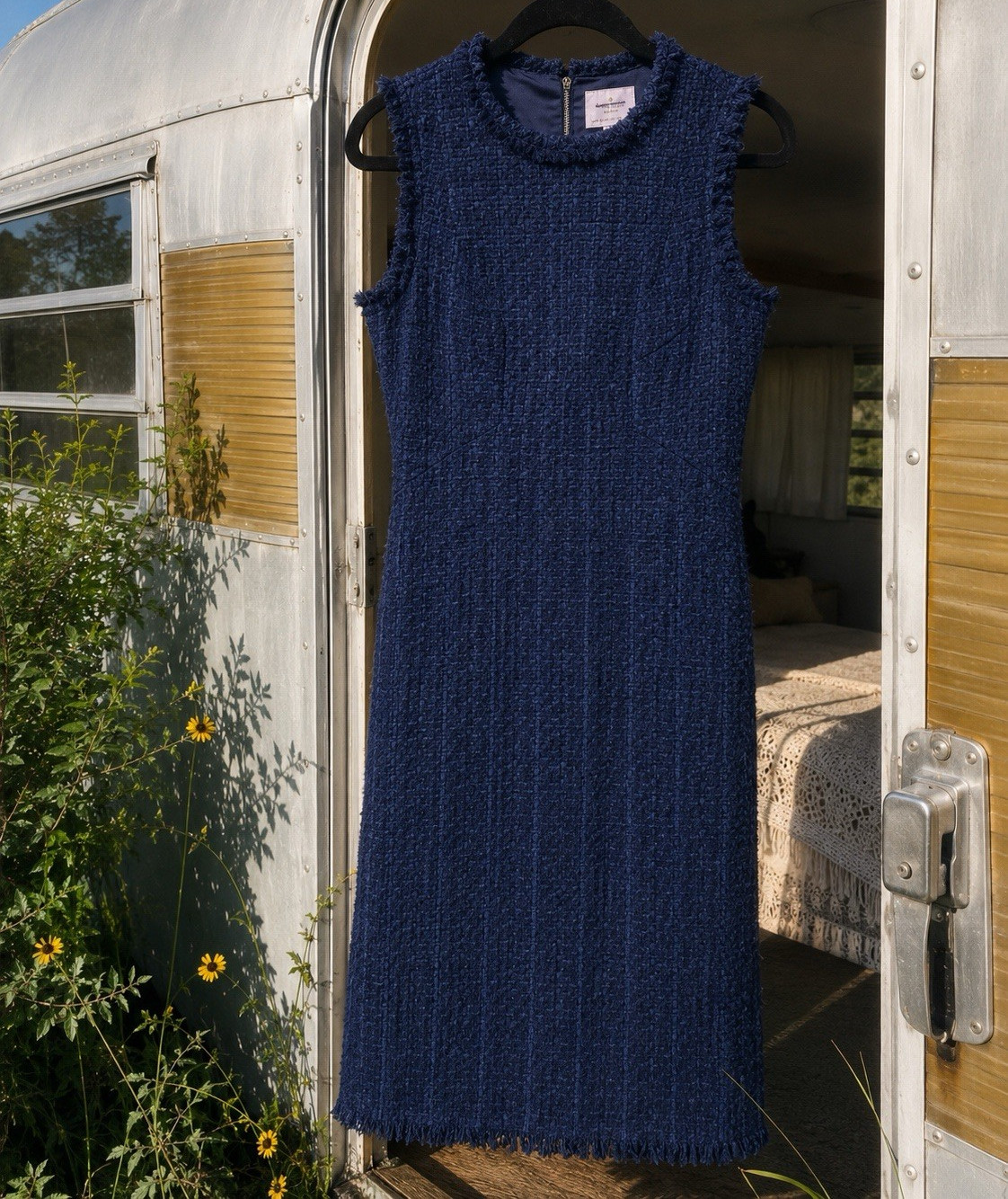 Kate Spade Blue Plaid Tweed A-Line Dress Fringe Sleeveless Size 4