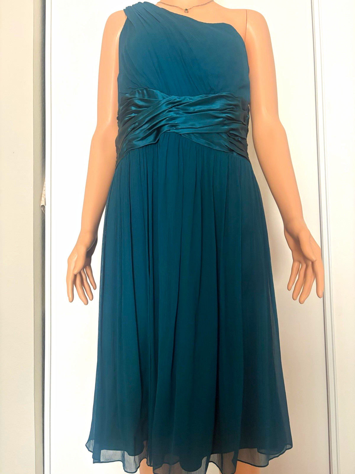 Maggy London Teal Chiffon One Shoulder Pleated Zip Lined Knee Dress 14