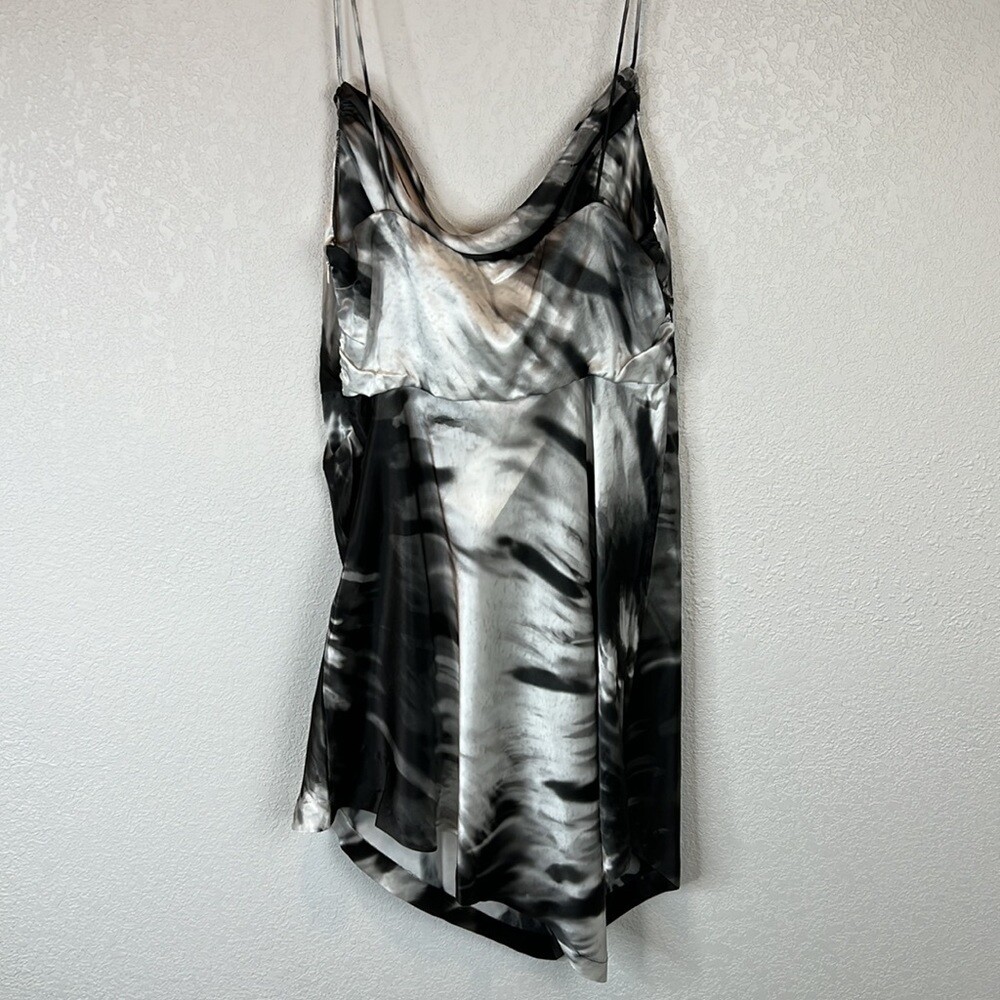 Retrofte Auris Draped Printed Silk Mini Dress Black Tye Die XL