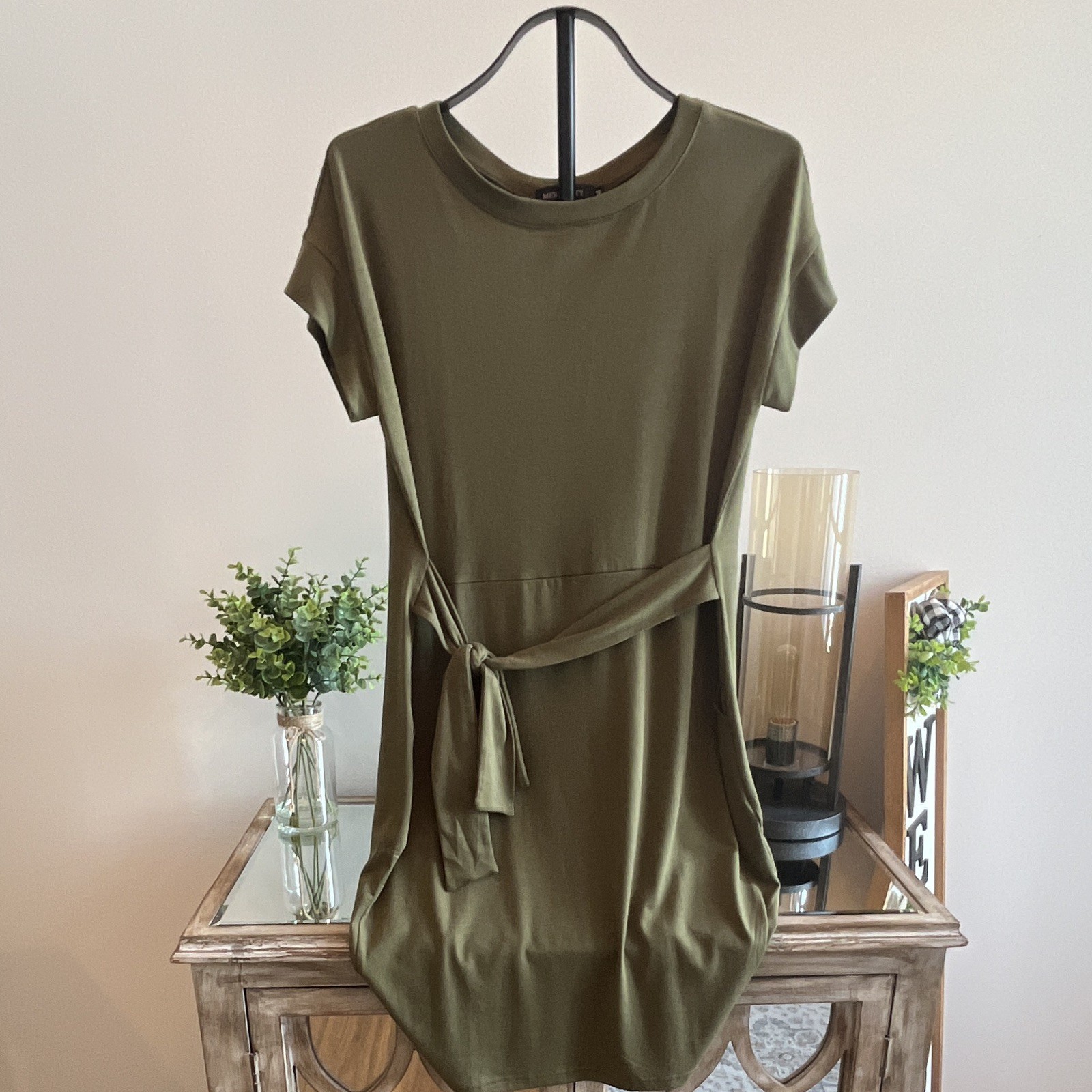 MEROKEETY Women’s Green Solid T-Shirt Dress Short Sleeve Tie Belted Knee M