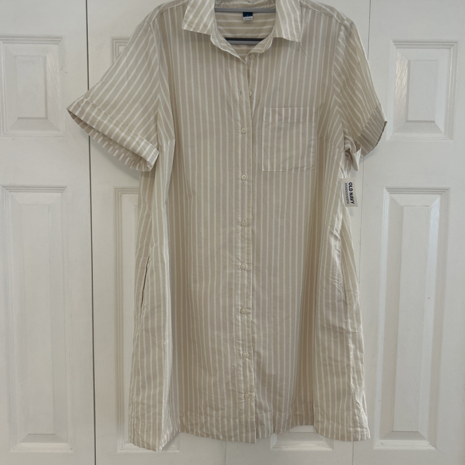 Old Navy L Women’s WHITE/BEIGE Cotton Collard Button Down Dress + Pockets NWT