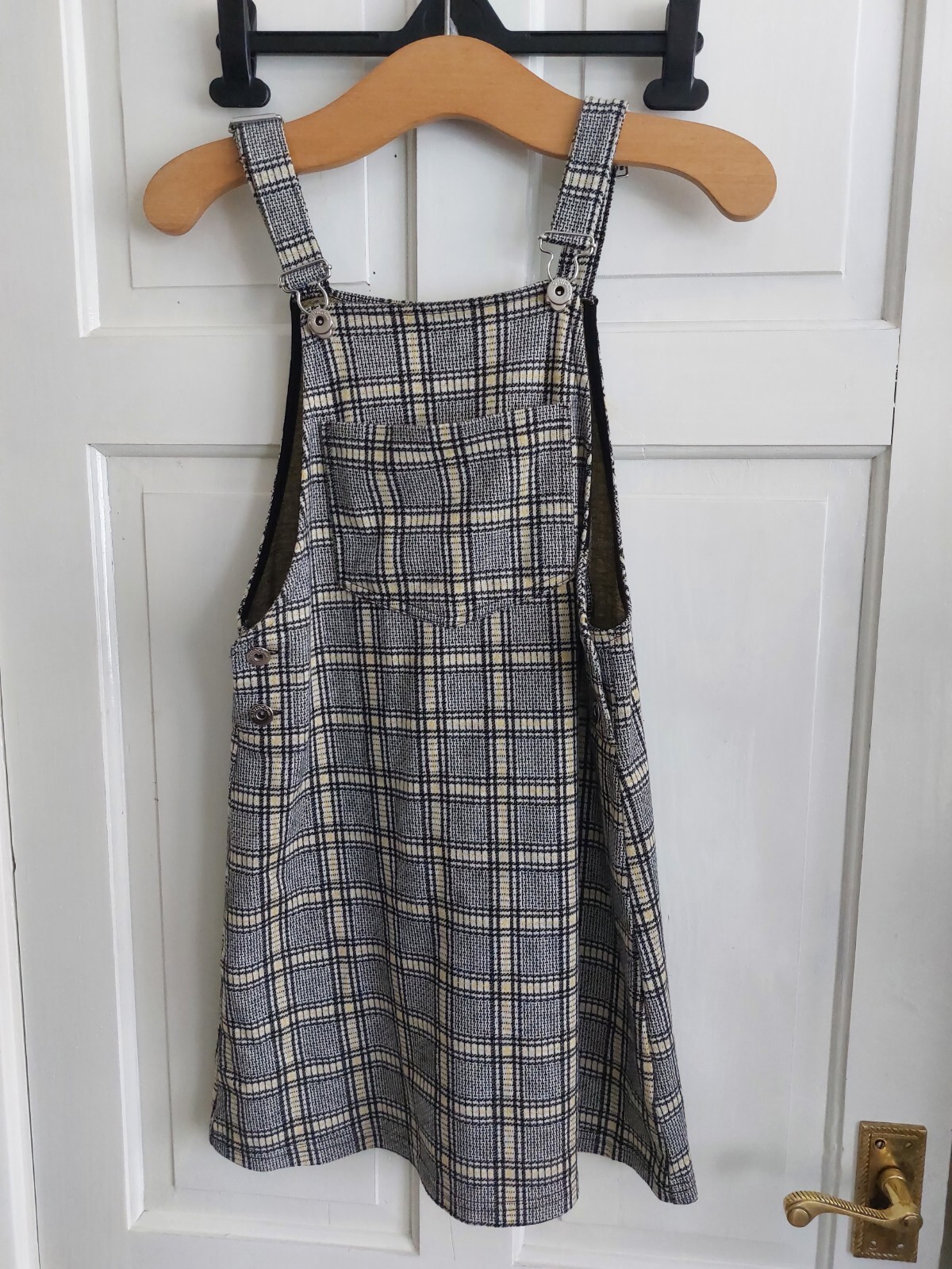 H&M Divided Uk 8 Black White Yellow Check Pocket Mini Pinafore Dungaree Dress