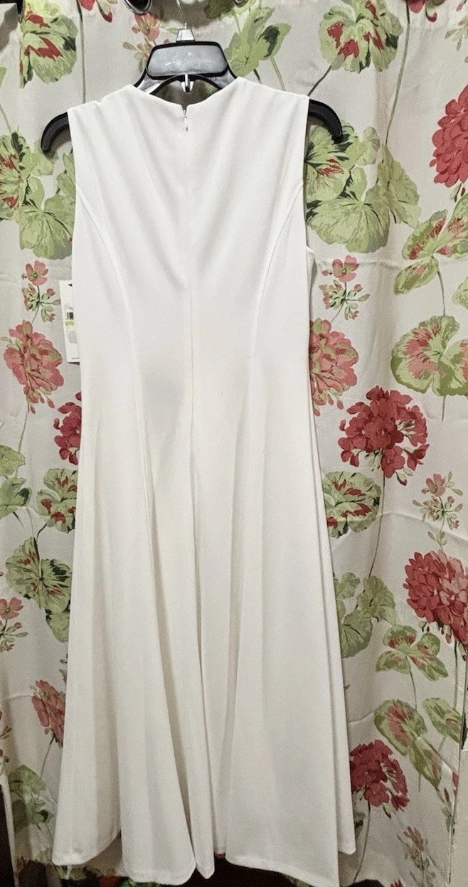Calvin Klein White Solid Crepe A-Line Pleated Midi Dress Sleeveless Zip 4