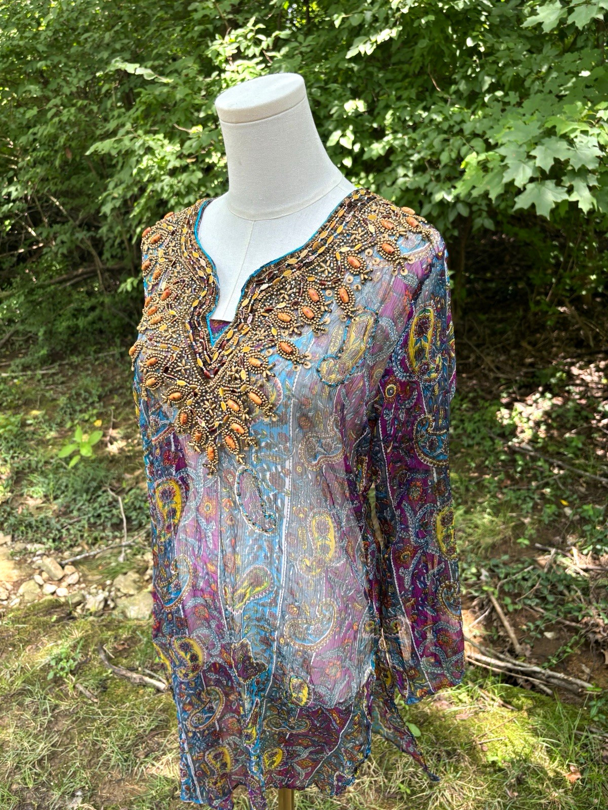 Women’s Multicolor Paisley Tunic Dress Beaded V-Neck Long Sleeve One Size