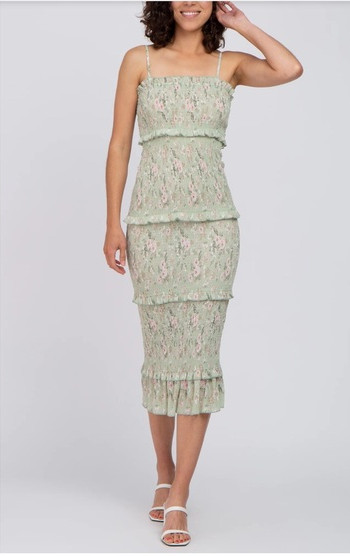 Mable Ada Smocked Tiered Sage Floral Ruffle Midi Dress Sz S coquette fairy
