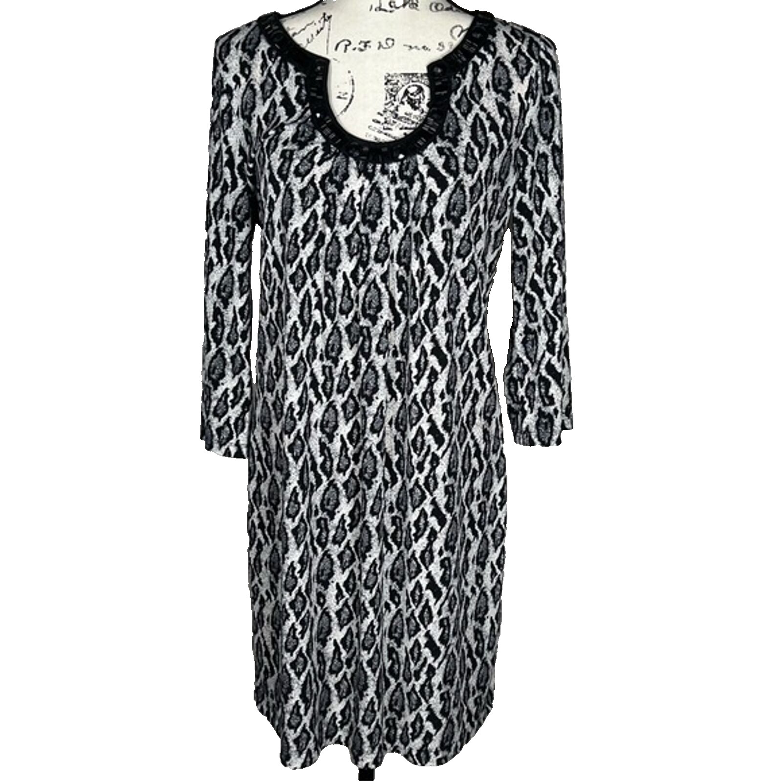 Nicole Miller Shift Dress Black White Snake Print Beaded Neck Boho Animal Sz L