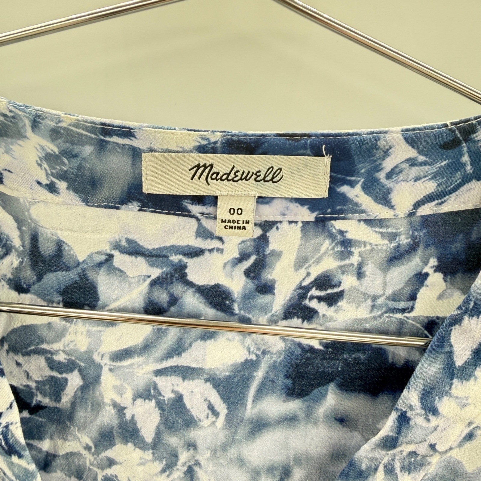 Madewell Blue White Floral Print V Neck Button Tie Waist Mini Dress Size 00