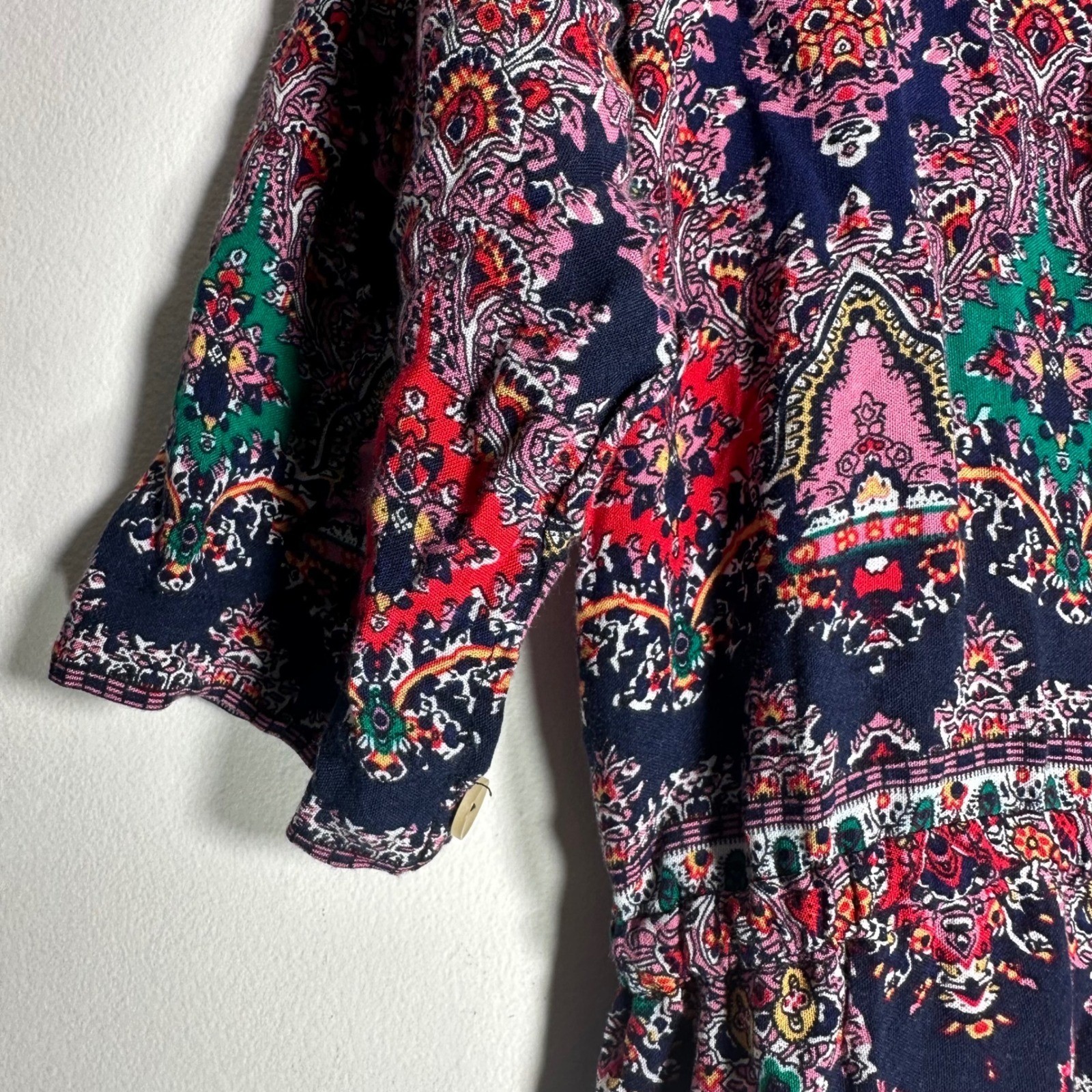 Bohemian Paisley Medallion Button Front Maxi Dress Navy Blue Red Women Large