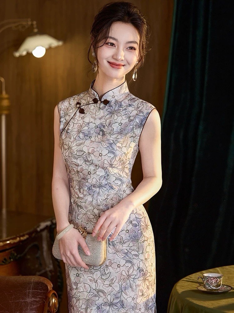 A40 Women’s New Chinese Style Qipao Dress Sleeveless Floral Cheongsam Long Sum