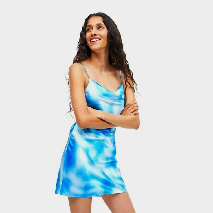 H&M Divided Mini Slip Dress Women’s M Tie Dye Blue Drape Neck Strappy Ties Sexy