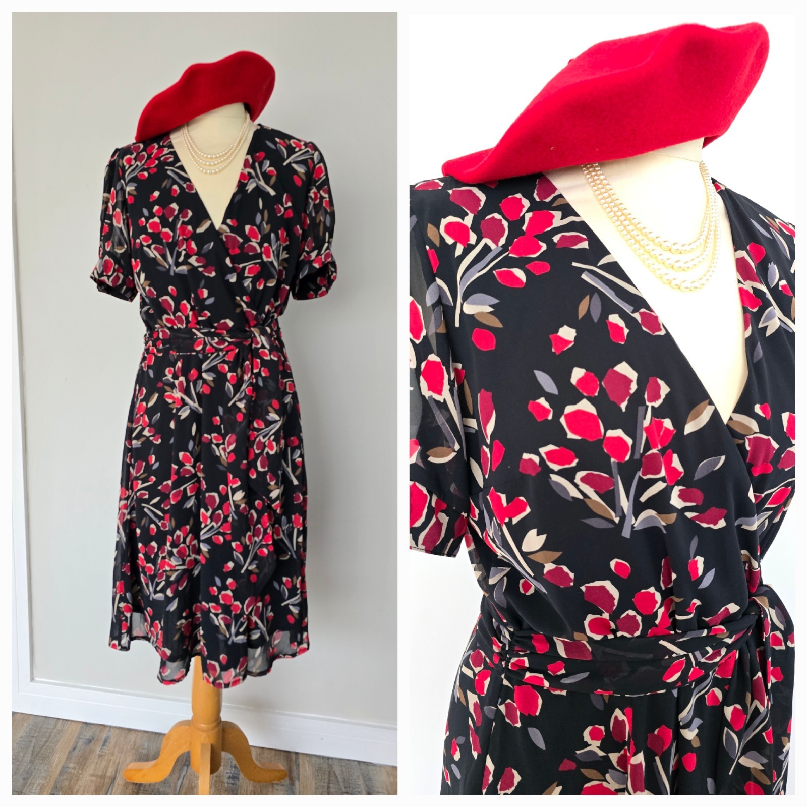 Vintage 1940s 1950s Style Chiffon Red Floral Tea Dress Size 12 to 14 TWINWOOD
