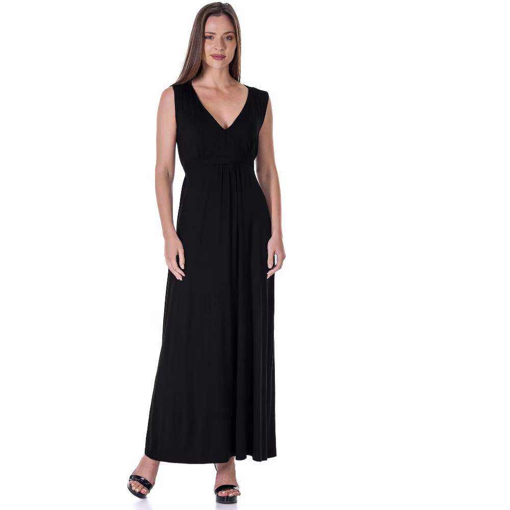 24seven Comfort Apparel Womens V Neck Tie Back Empire Waist Sleeveless Maxi