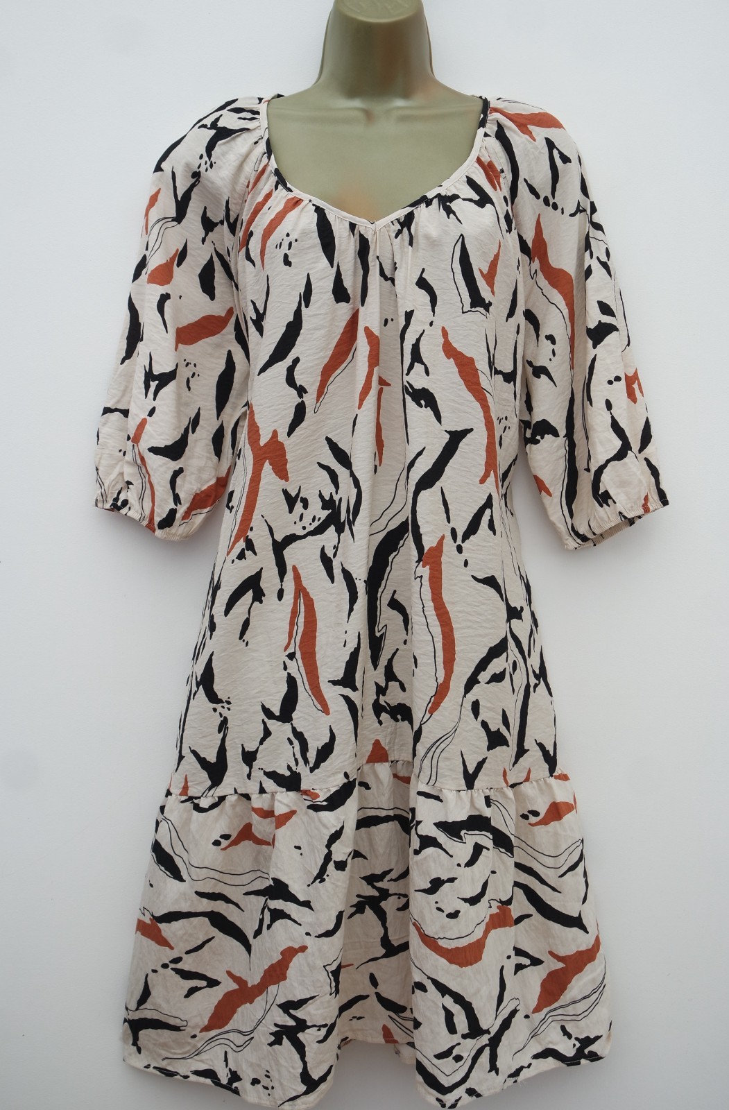 PEACOCKS CREAM BLACK TAN PRINT SWING PUFF SLEEVE SUN DRESS SIZE 16