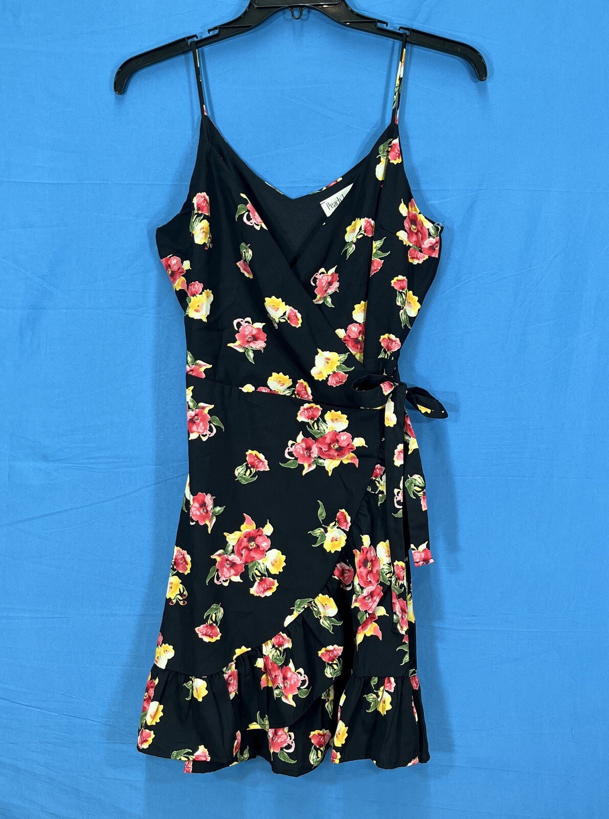 Nwt PEACH LOVE CALIFORNIA Black FLORAL Sateen TIE-WAIST Sundress WRAP DRESS Sz M