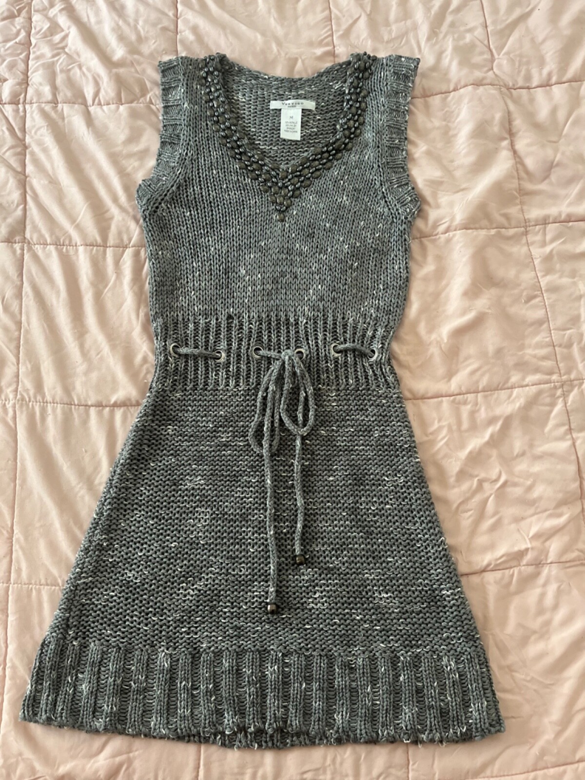 Vertigo Paris Grey Knit Sleeveless Cinched Tie Beaded Sweater Dress Junior Wom M