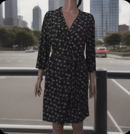 Rene Rofe Size M Women’s Black White Floral 3/4 Sleeve Wrap Knee Length Dress