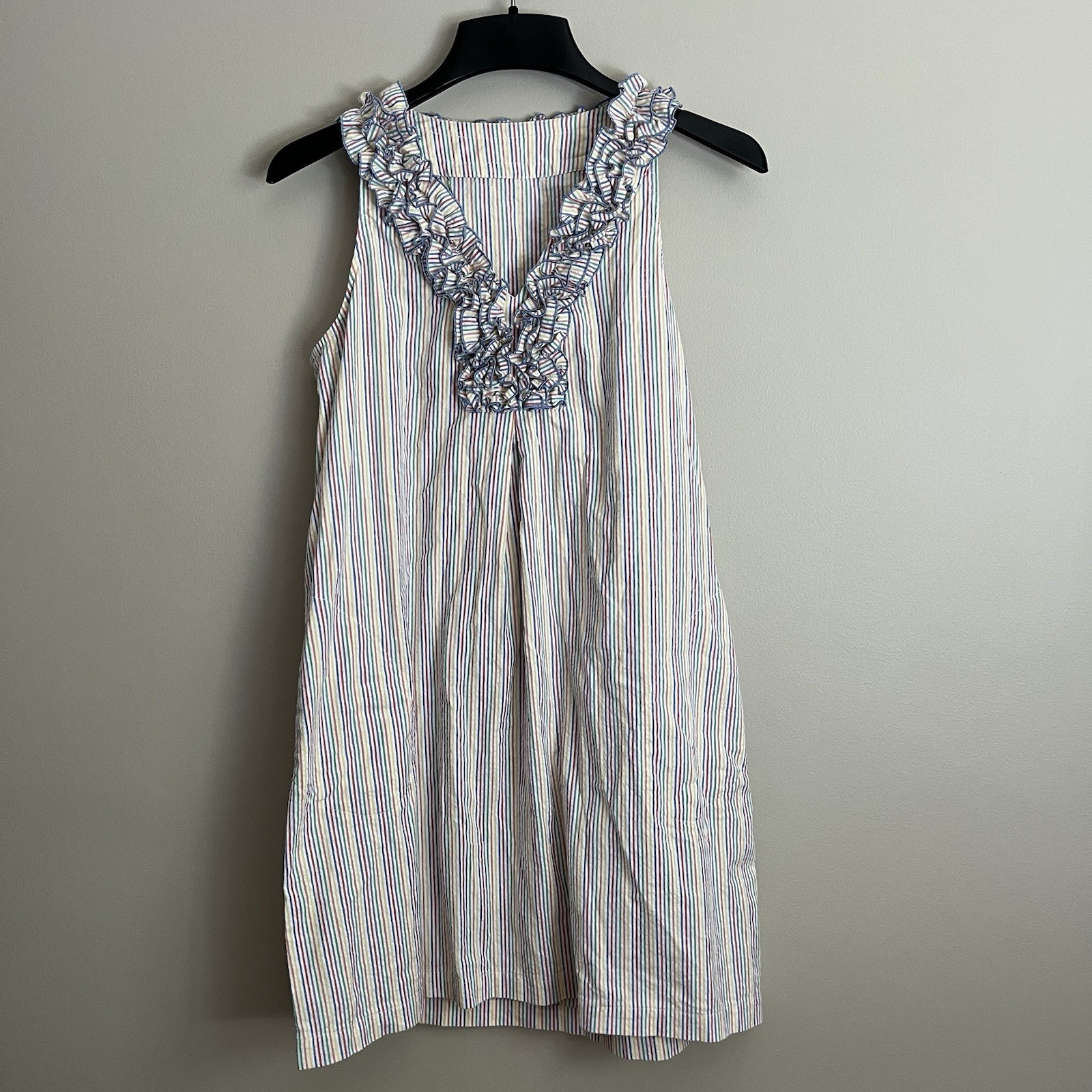 Sara Campbell 100% Linen Shift Dress S Sleeveless Coastal Preppy Seersucker