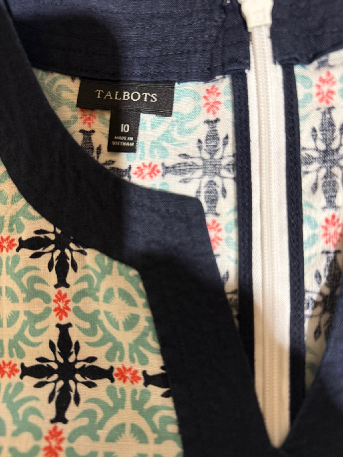 Talbots Linen Blend Sleeveless Shift Dress Geometric Teal Blue Womens Size 10