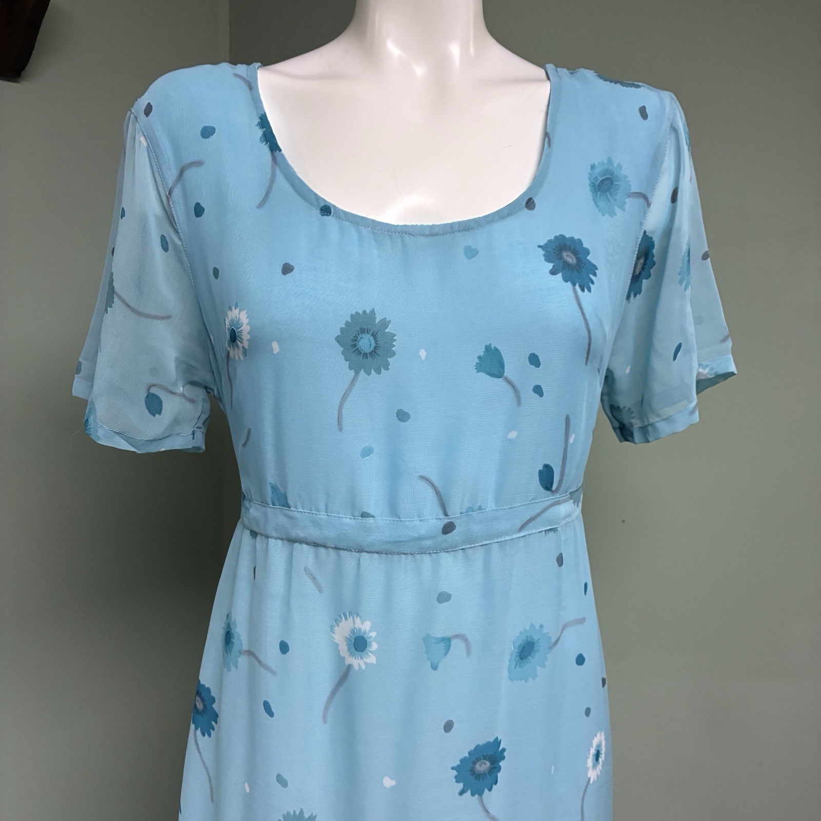 Vintage Sacred Threads Chiffon Maxi Dress M/L Floral Daisy Blue Semi-Sheer Y2K