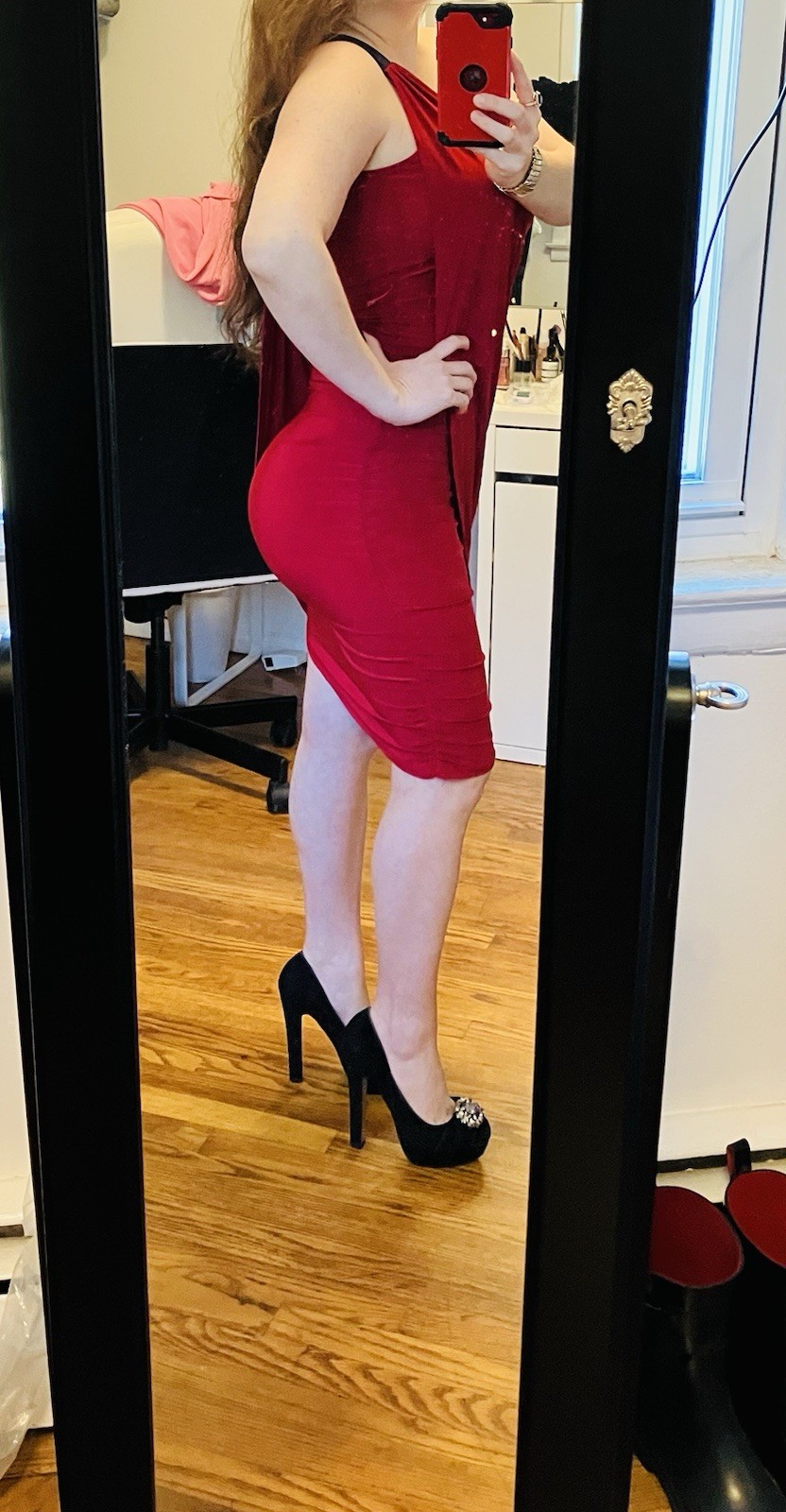 Red One Shoulder Ruched Draped Jersey Bodycon Knee Dress Size S Stretch