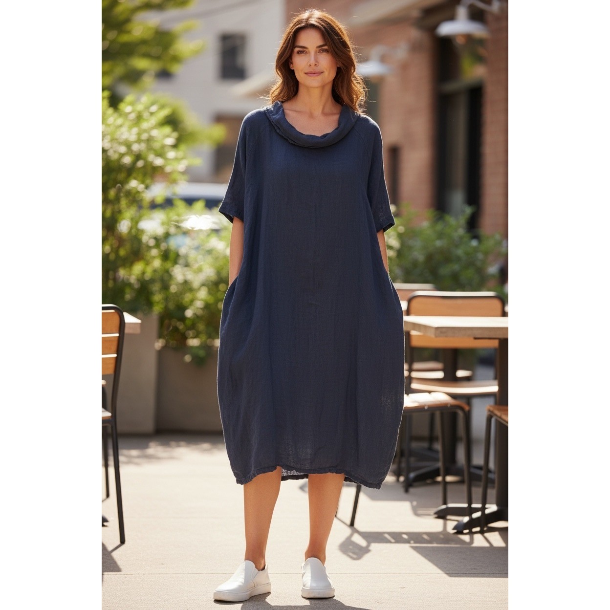 Puro Lino Linen Cocoon Dress Womens OS Navy Blue Button Back Italy