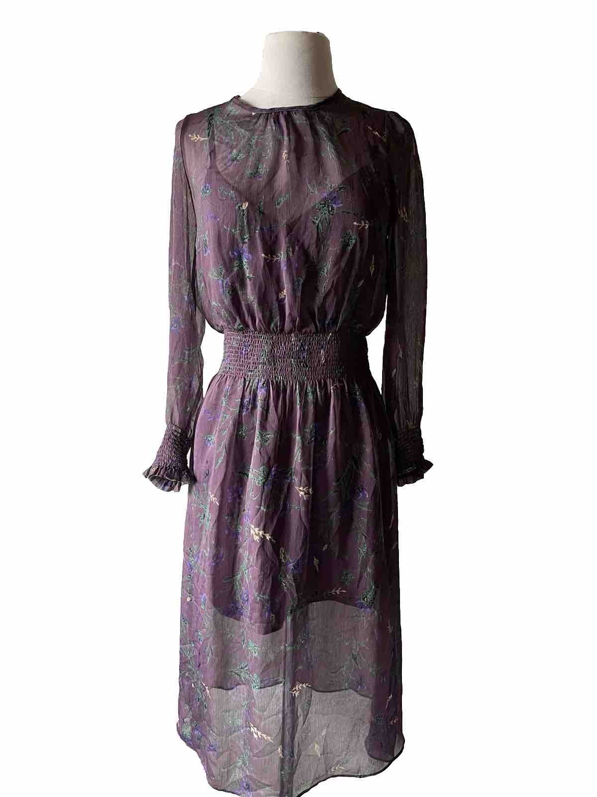 Re-named purple sheer floral print midi dress long sleeve with cami slip dress S