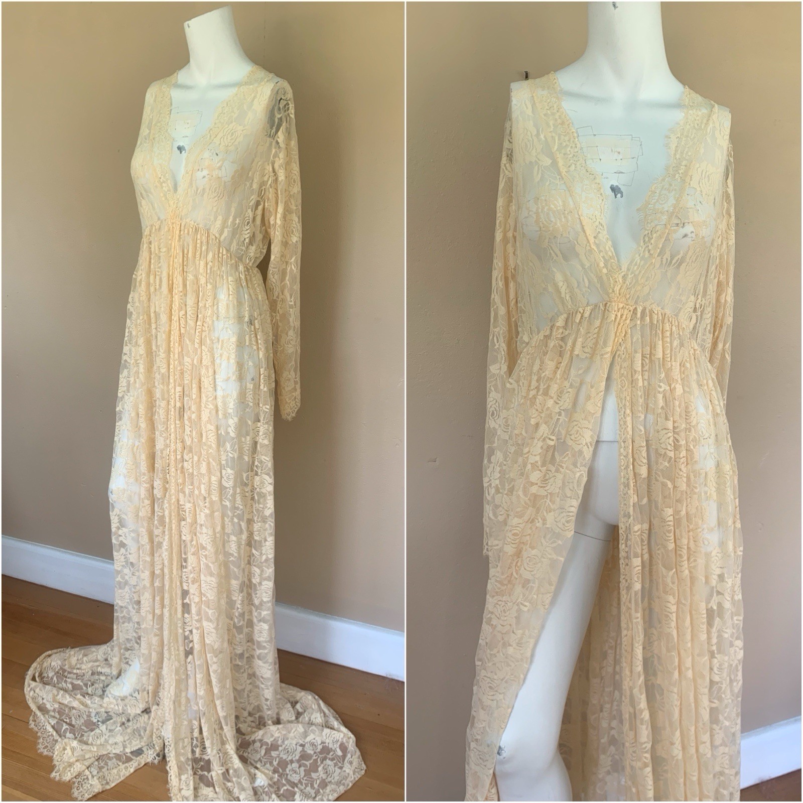 Long Sleeve Deep V-Neck Lace Gown | Sheer Maternity Photoshoot Dress, Front Slit