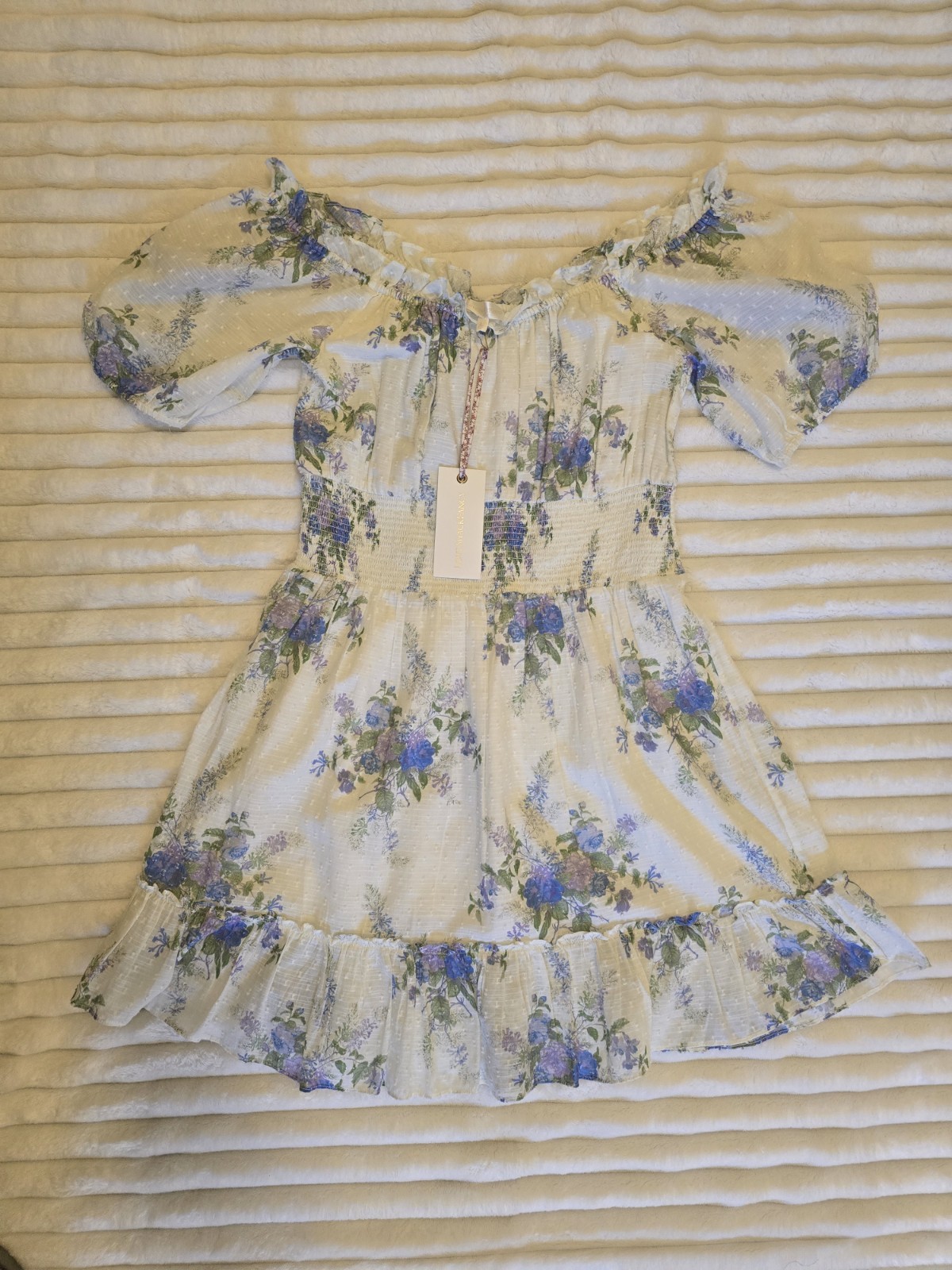 LoveShackFancy White Lai Off Shoulder Smocked Ruffle Mini Dress L