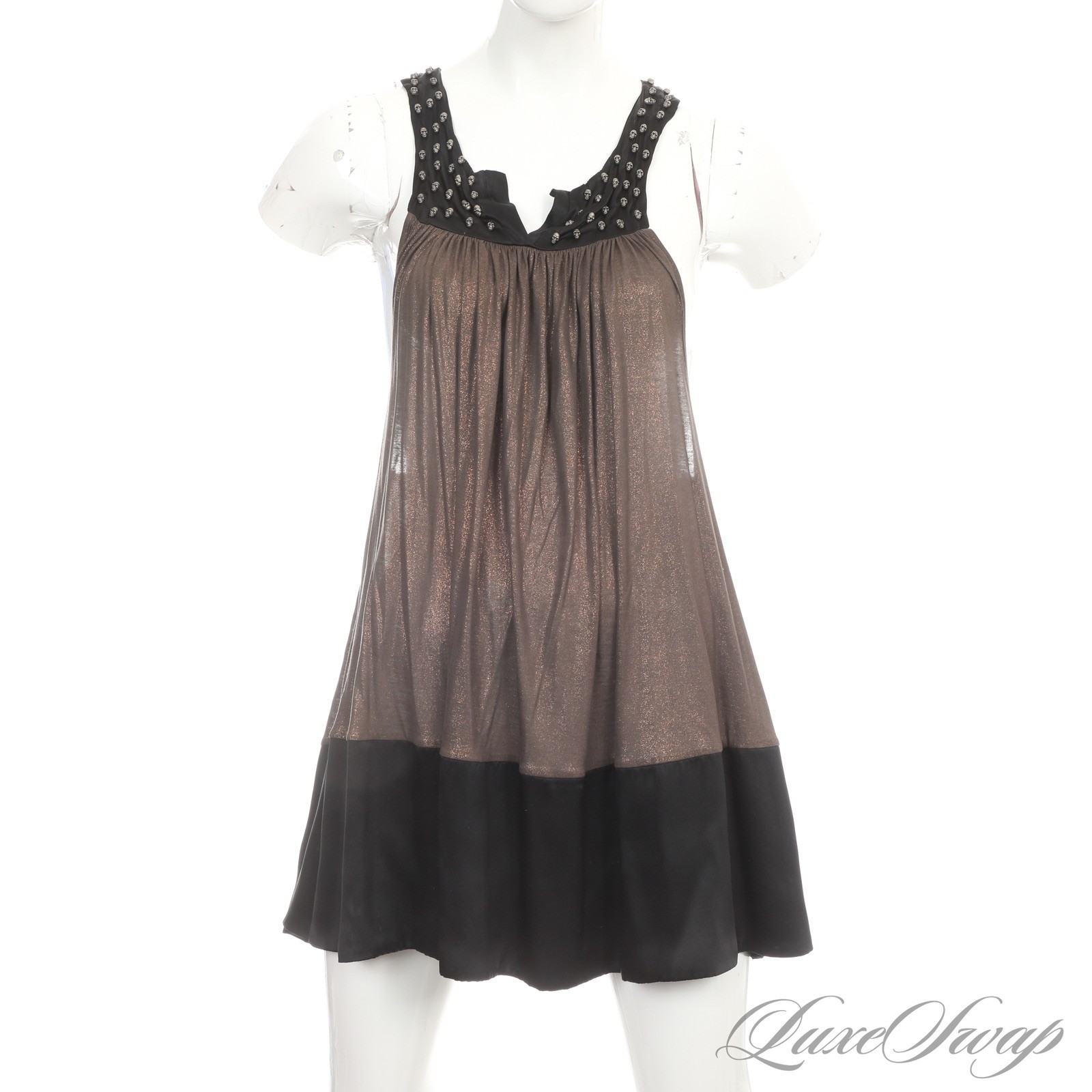 Y2K 2000s Thomas Wylde Black Multi Draped Shimmer Skull Motif Babydoll Dress XS