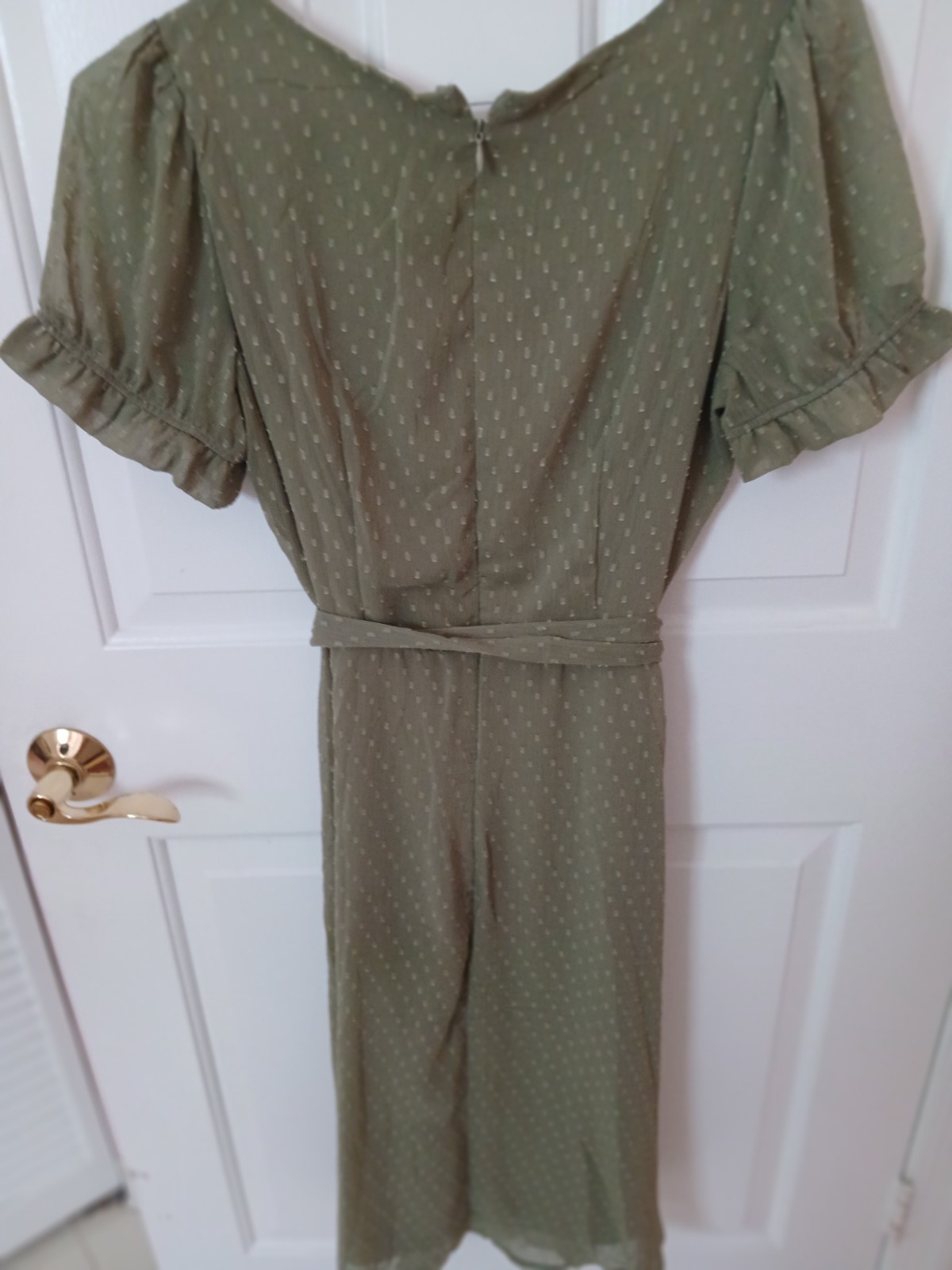 NY Collection Petite Swiss Dot Dress Olive Short Sleeve Size PL