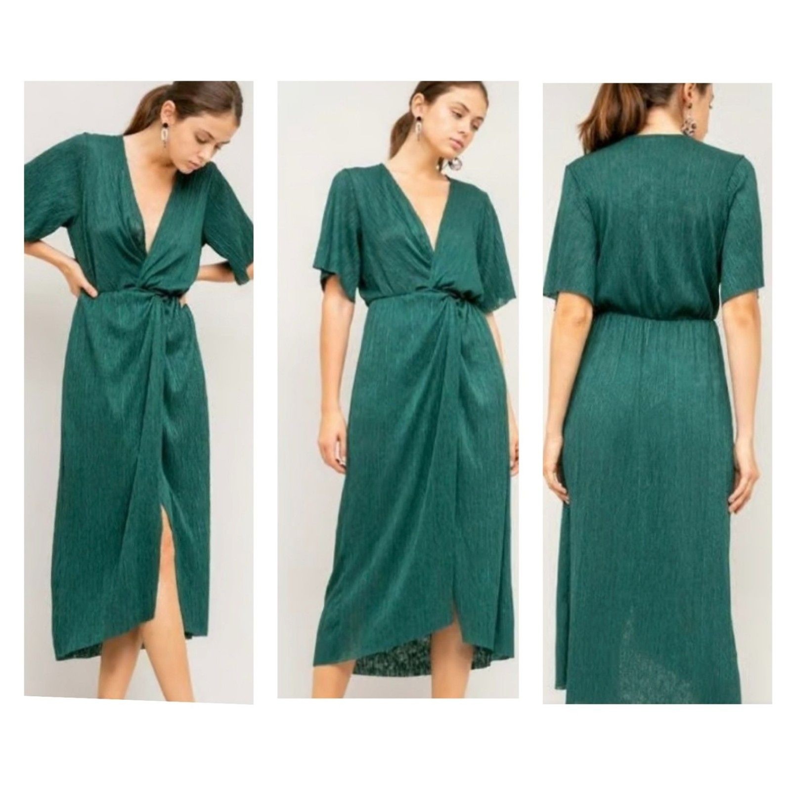 NWT SZ M NORDSTROM All in Favor Dolman Plissé Midi Dress in Green Bug Color