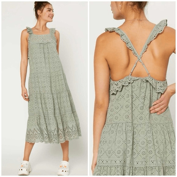 Current Air Womens Sage Green Eyelet Square Neck Ruffle Tiered Midi Dress Large