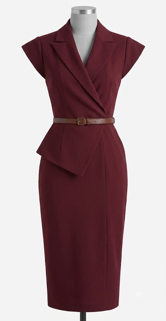 Mooyius Burgundy Blazer Wrap Dress Belted Asymmetrical Pencil Silhouette Size M