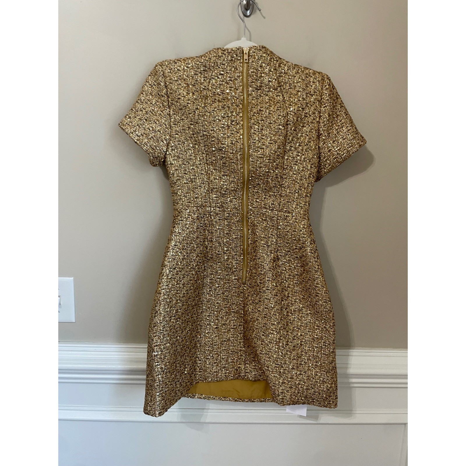 Miss Rosier Size S Arna Gold Metallic Tweed Mini Dress Short Sleeve