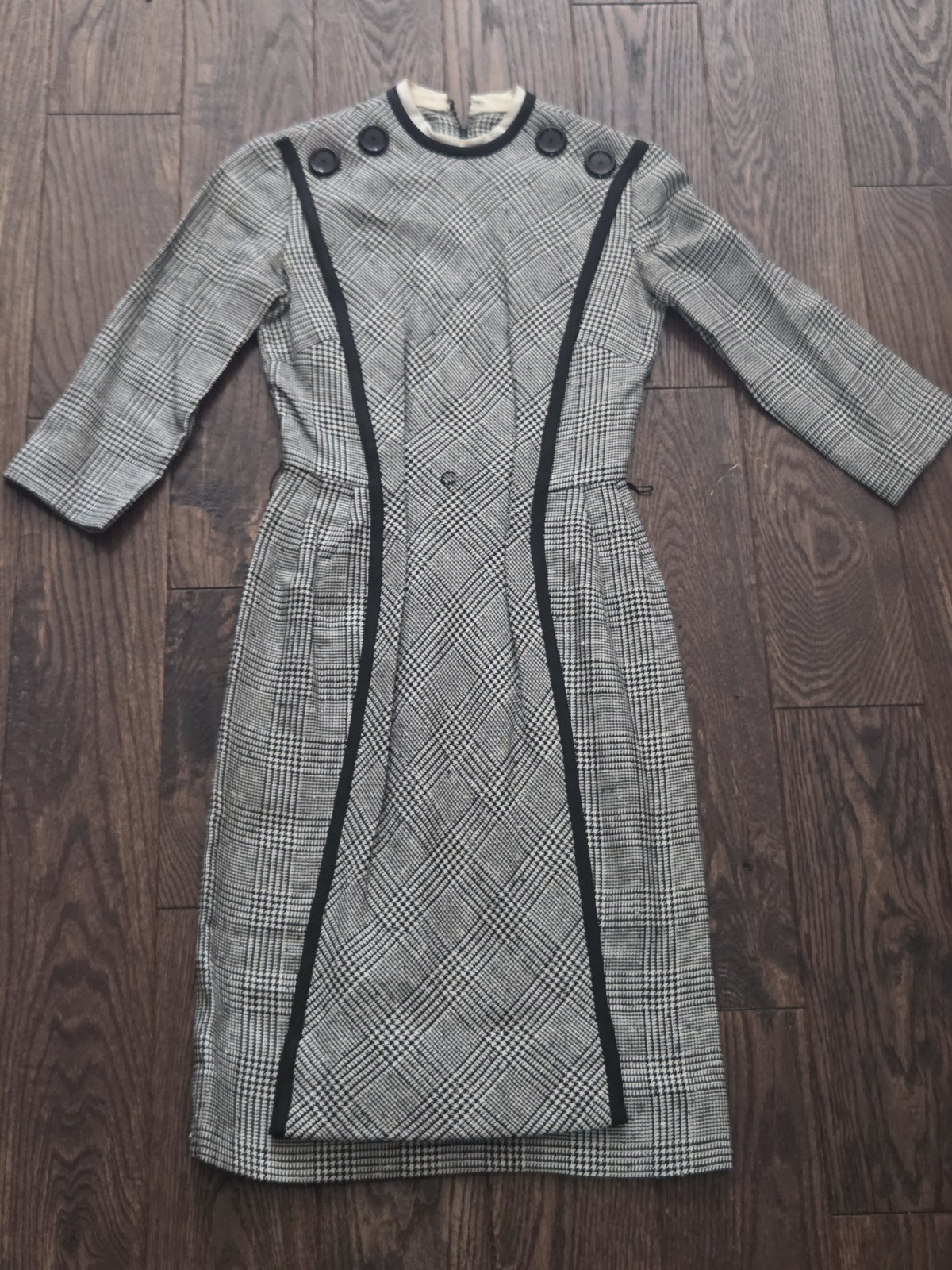 🖤Vintage 1950s Pat Hartly Original Plaid Wiggle Dress Black White Size 7 XS🖤
