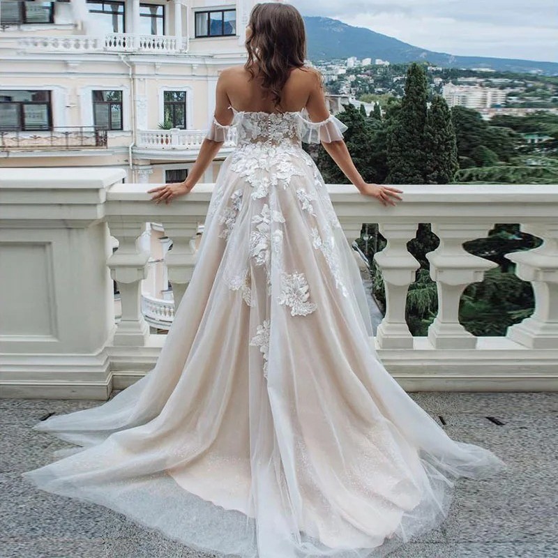 Shoulderless A-line Chiffon Wedding Dress Champagne Lining Decal for Brides Gown